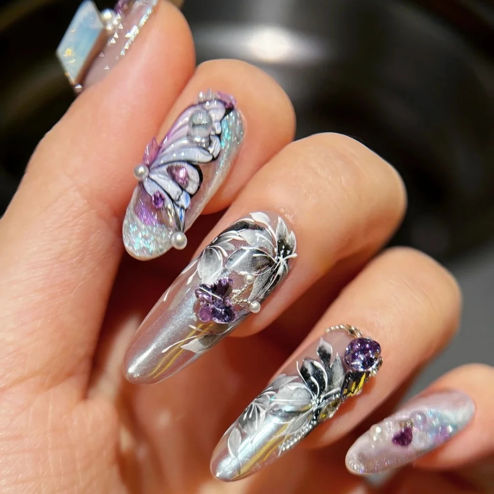 10Pcs Handmade Press On Nails Manicure Long Oval Fake Nails Christmas & New Year Limited Purple Butterfly Nails Design with Set