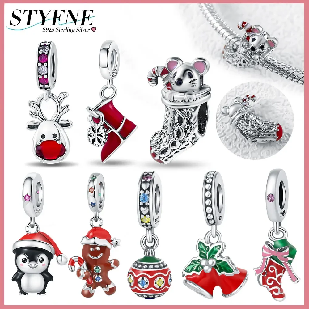 Merry Christmas Series Night Socks Cookies Elk 925 Sterling Silver Charms Beaded Fit Original Bracelet Diy Women's Gift