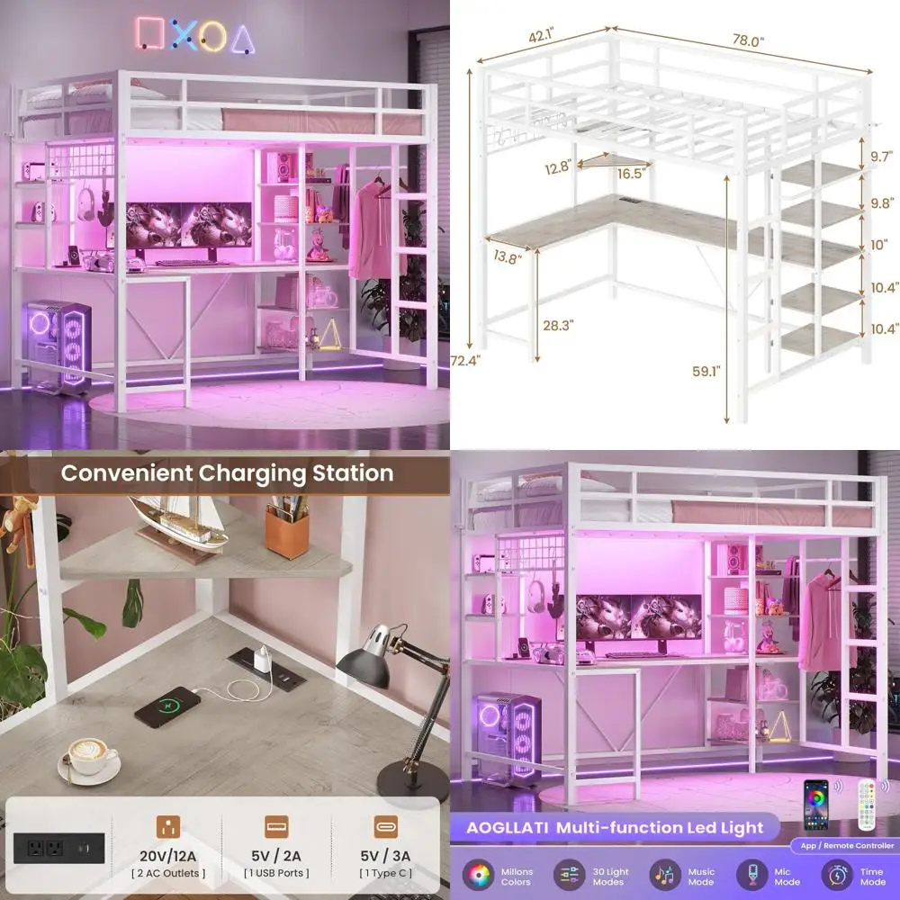 سرير علوي معدني مزدوج الحجم مع مكتب، وأرفف تخزين، وسكة ملابس، ومحطة شحن، وأضواء LED