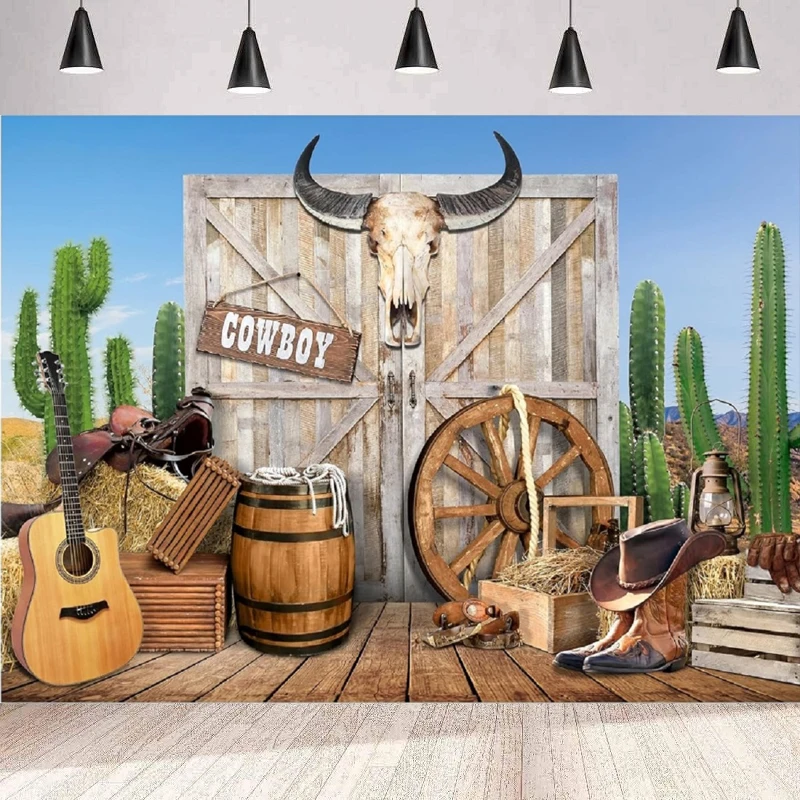 

Cowboy Western Photography Backdrop Desert Cactus Cow Skull Country Wood Barn Door Saloon Wild West Birthday Background Wall