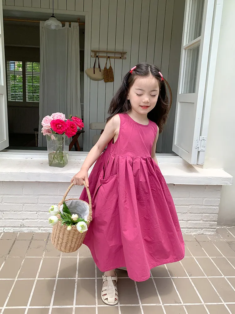 Summer Sleeveless A-Line Girls Maxi Dress Premium Color Cotton Rose Pink Princess Dress with Big Pockets Dresses