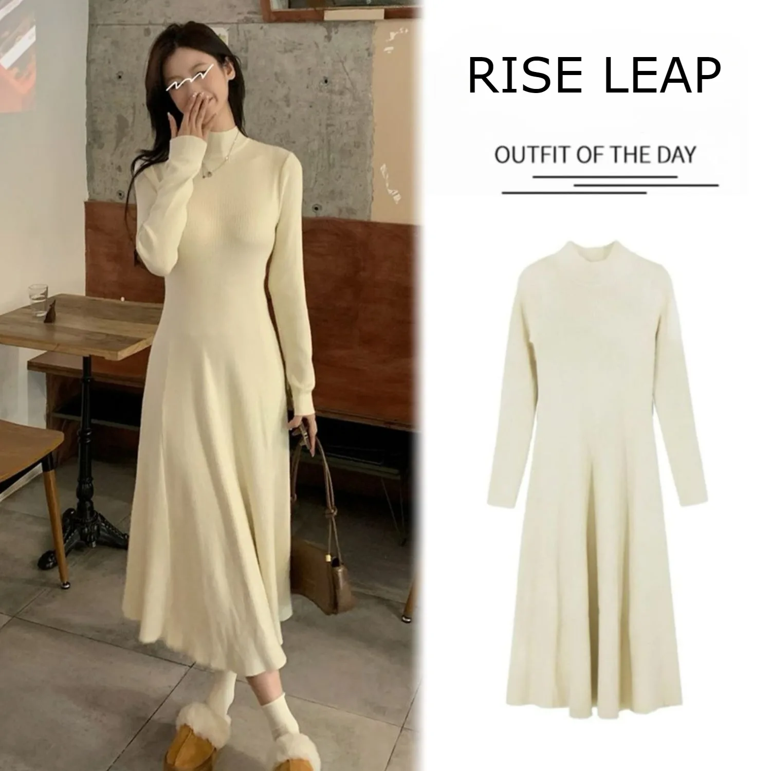 Vestido feminino de malha evasê emagrecedor em damasco francês elegante meia panturrilha semi-gola alta longo vestido de camadas quente para outono inverno