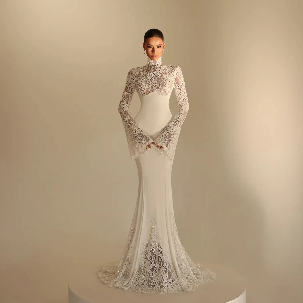 Vestido de novia largo de sirena de encaje con cuentas bordadas brillantes, vestido de novia con manga acampanada y cuello alto, vestidos personalizados para novia 2025