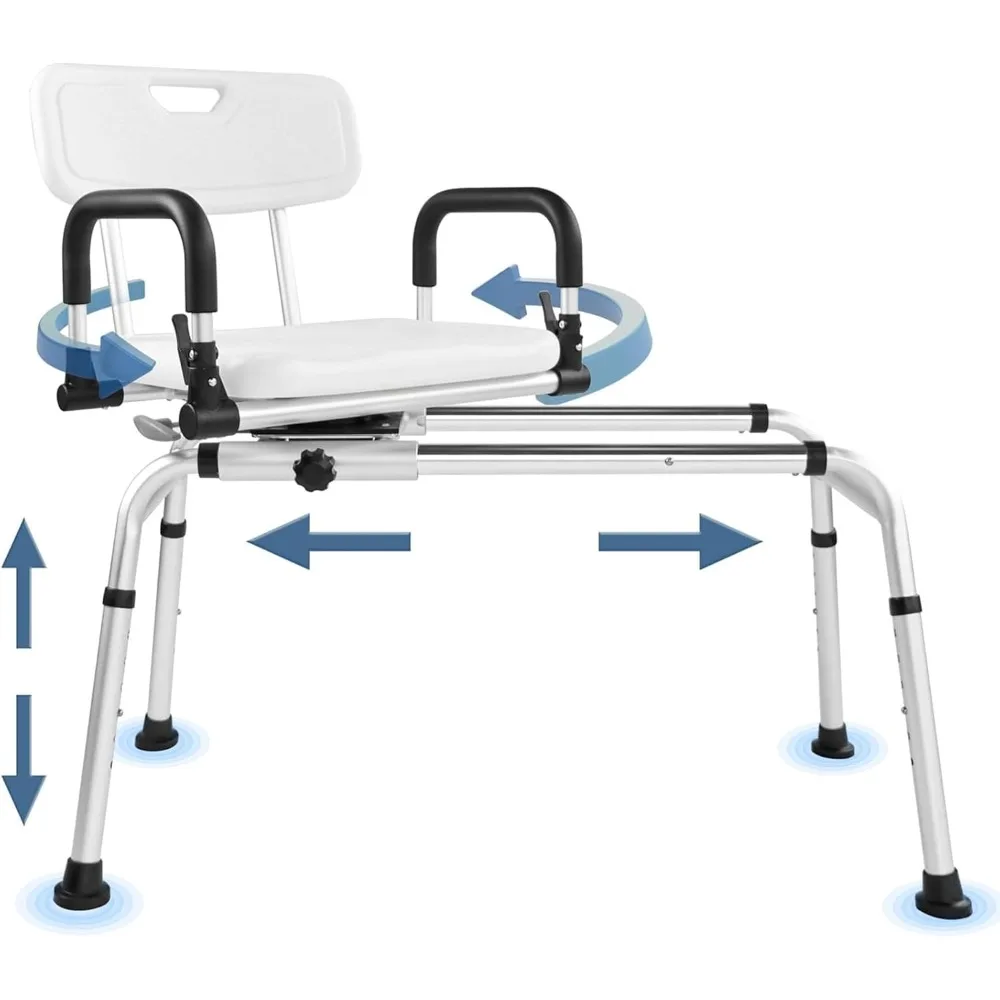 Sliding Shower Chair Tub Transfer Bench with 360° Swivel Seat Height Adjustable  Pivoting Arms 400 Lbs Capacity