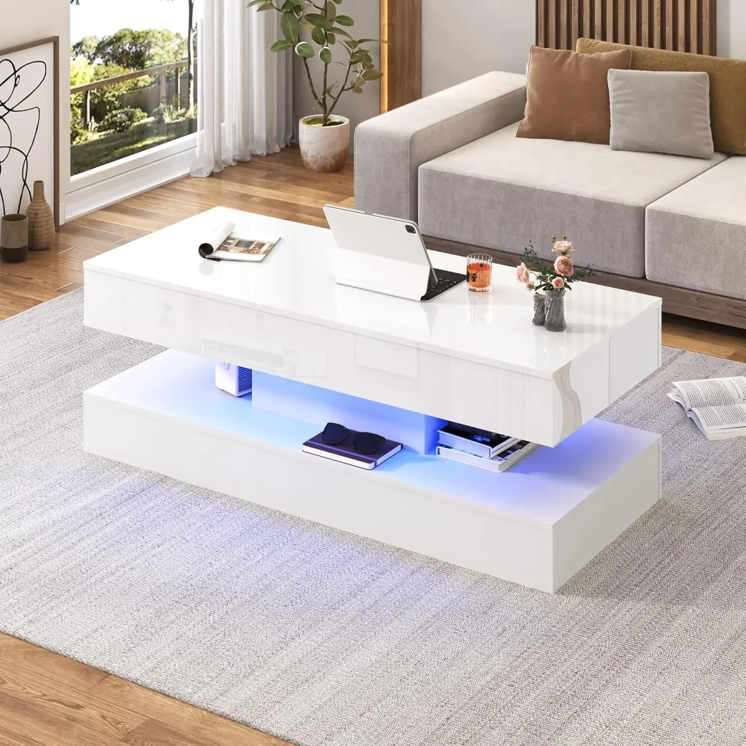 Mesa de centro moderna de color blanco brillante con LED y cajón de almacenamiento para sala de estar