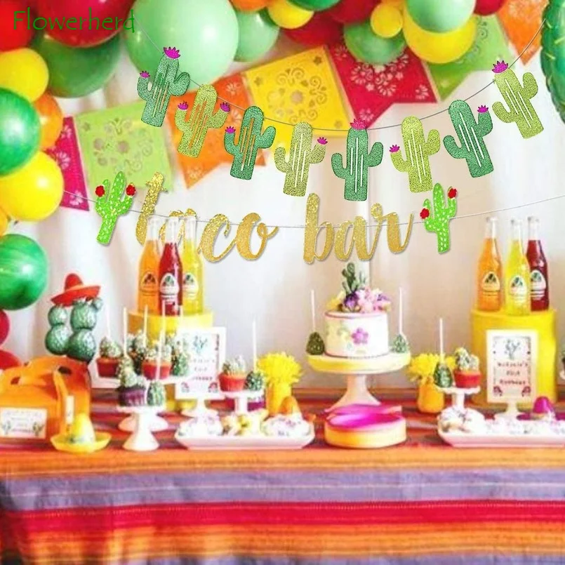 2 Set Fiesta Taco Bar Cactus Banner Ghirlanda Oro Verde Glittery Fiesta Banner per la festa messicana Fiesta Cinco De Mayo Decorazioni