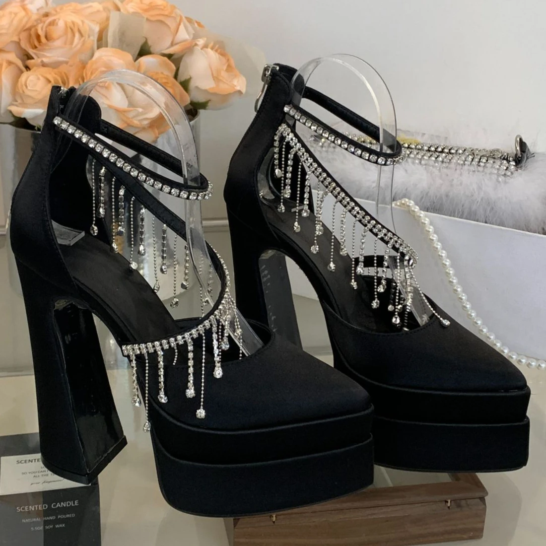 새로운 스타일 여성용 뾰족코 샌들, 큰 사이즈 15cm 스틸레토 힐 플랫폼 큐빅 프린지 슈즈