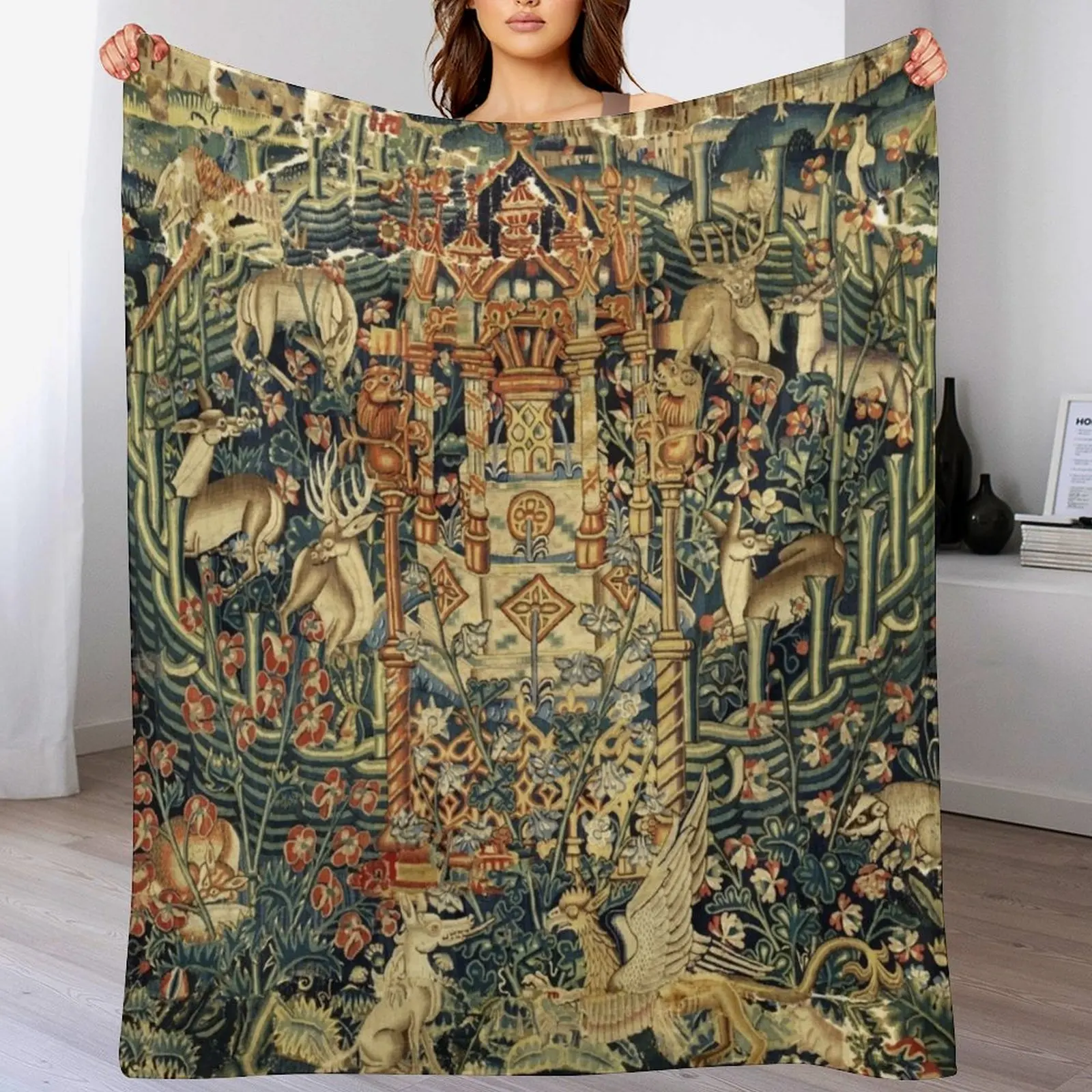 SOURCE OF LIFE Verdure with Forest Animals in Private Garden, Floral Medieval Tapesty Throw Blanket Furrys Blankets