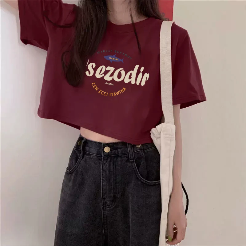 Korean Series Sweet Cool Sle Top Short Gyaru T-shirt Women Chic Summer New Ins Trendy Plus size Pure Cotton Slimming Short ...