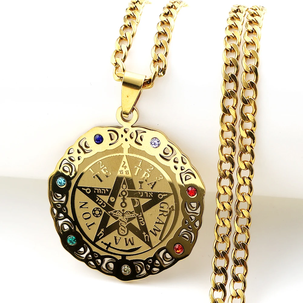 Tetragrammaton Pentagram 7 Chakra Jewish Necklace for Women Men Stainless Steel Triple Goddess Rhinestones Amulet Chain Jewelry - view 2