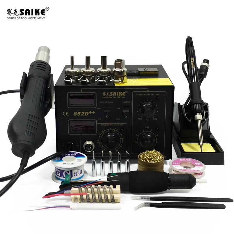 SAIKE 852D++ 2 in 1 SMD Rework Station Hot air gun soldering station Desoldering station 220V