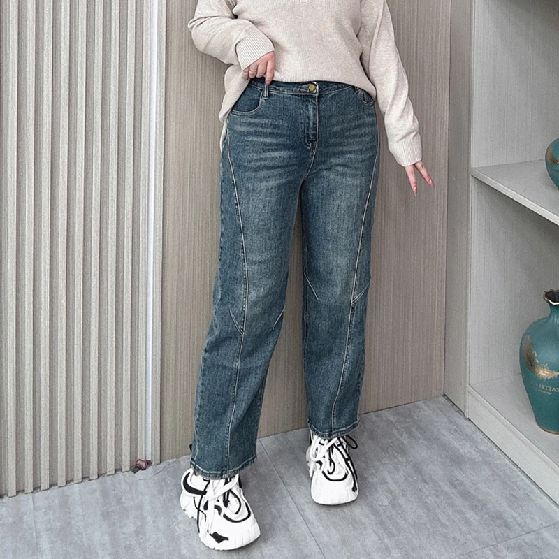 Women's Straight Leg Jeans, High Waist, Loose, Stretch, Casual Cigarette Pants, Plus Size, Spring, Autumn