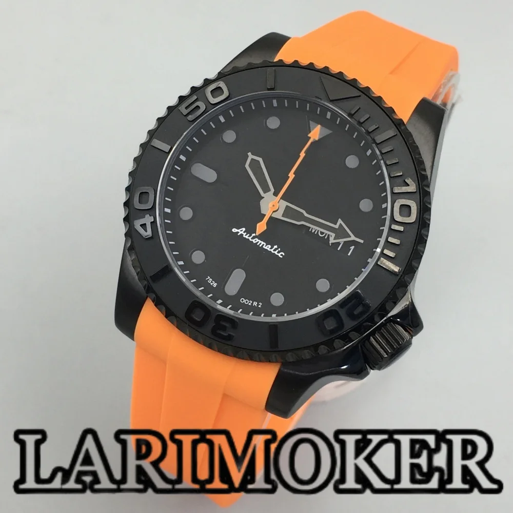 LARIMOKER NH36 PVD nero 40mm orologio automatico da uomo settimana data display lunetta girevole vetro zaffiro arancione flash seconda gomma