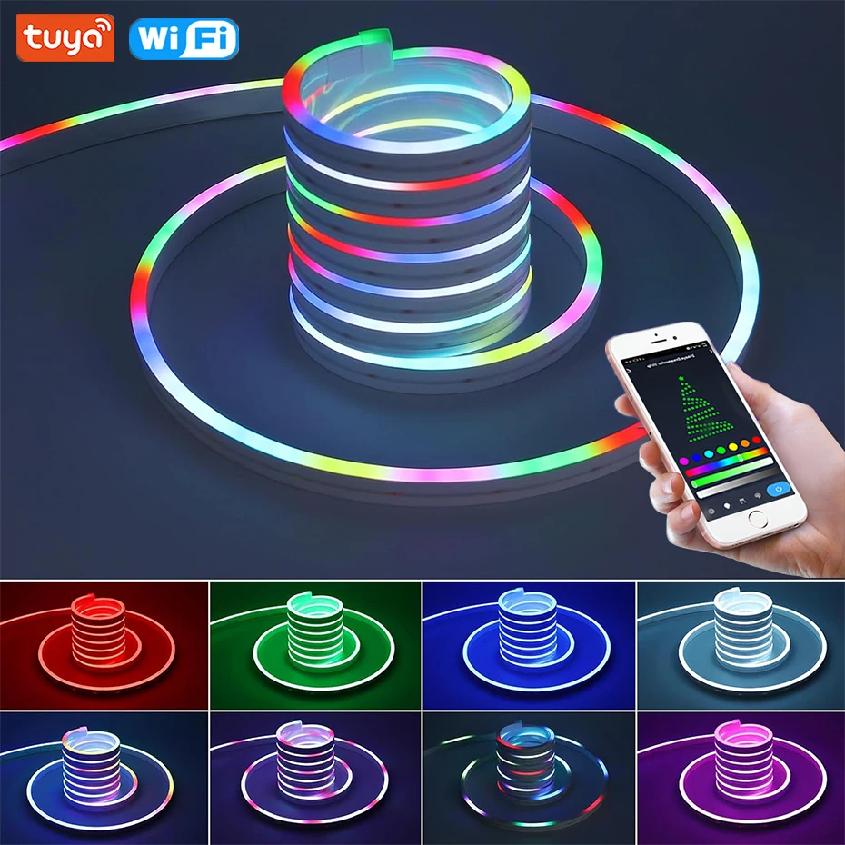

Светодиодный неоновый свет RGBIC 12 В 84 светодиода/м Tuya Wi-Fi/Bluetooth/дистанционное управление ЕС, Австралия, Великобритания, США, водонепроницаемая вилка Dreamcolor, светодиодные веревочные огни, неоновые