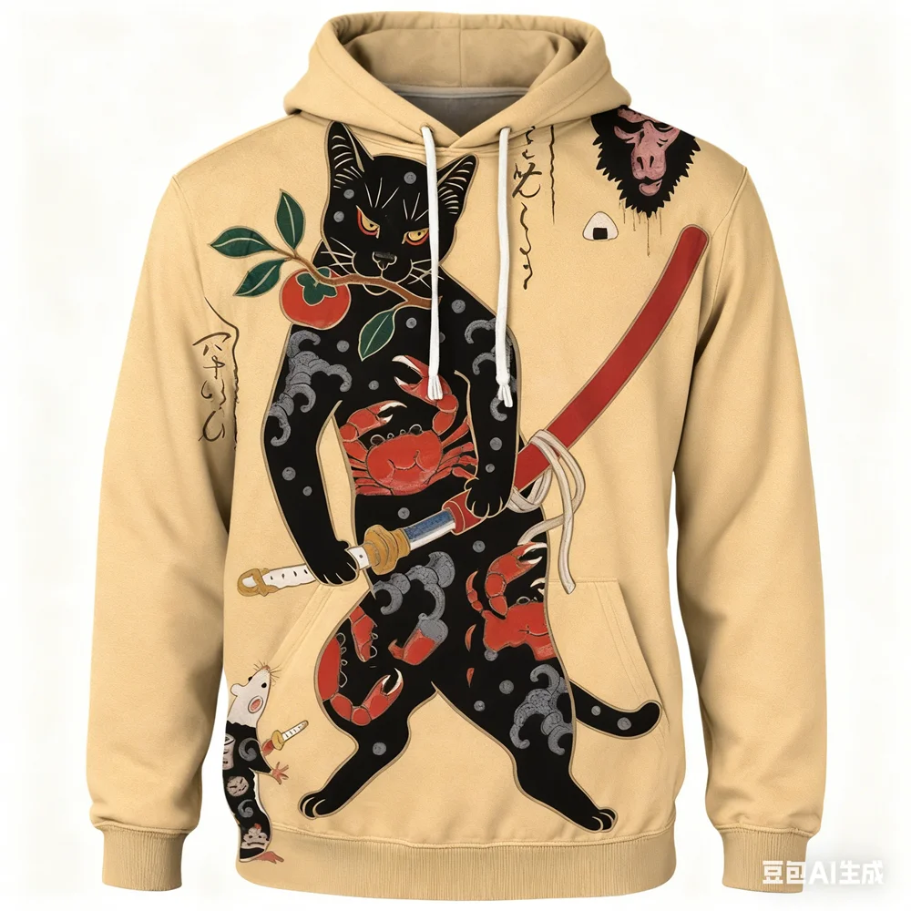 

Japanese Samurai Cat Pattern Men's Hoodies Hip Hop Trend y2k Clothes Autumn and Winter Loose Sweatshirts Fashion Casual Pullover