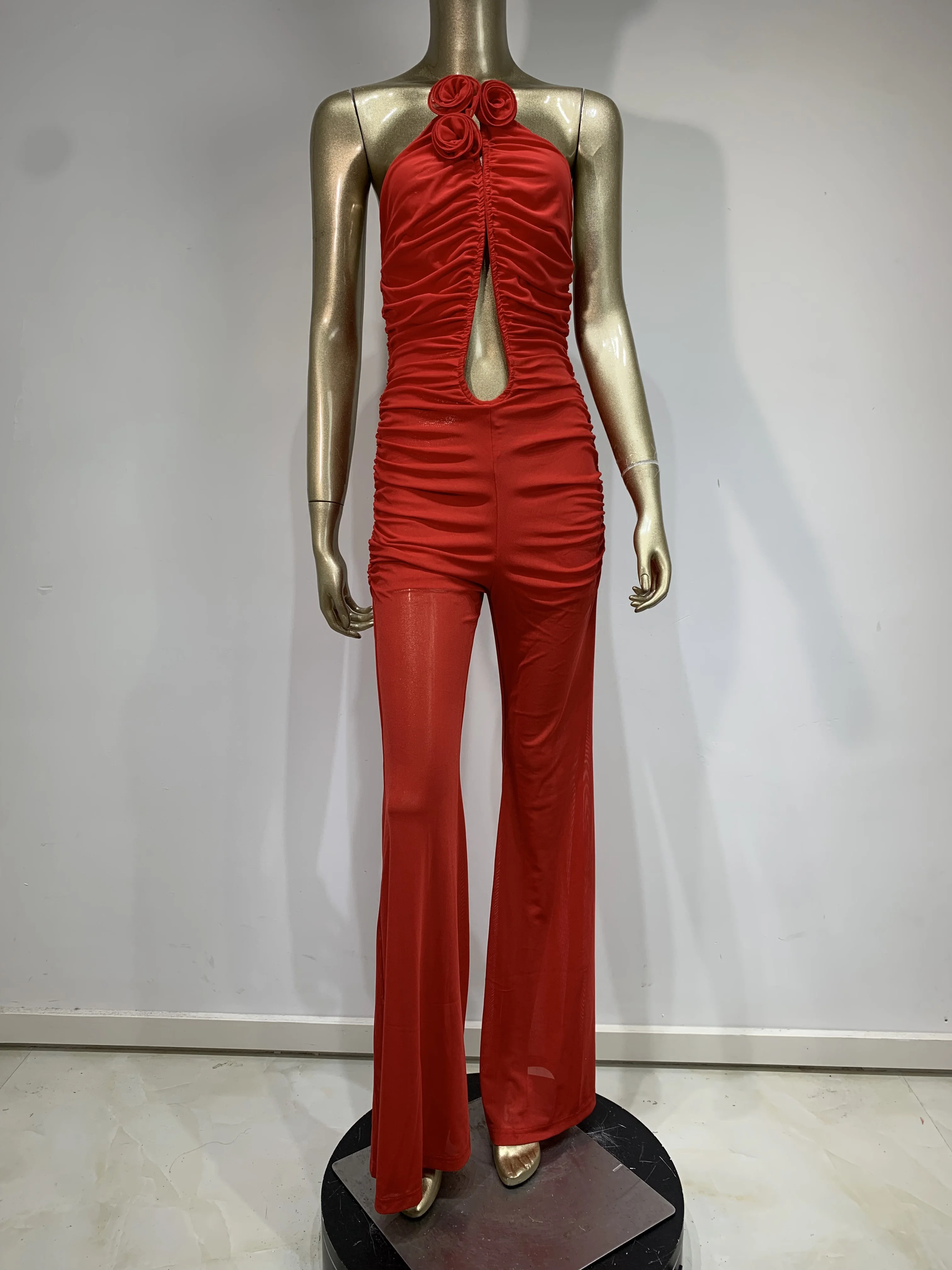 Chic INS Women Sexy Mesh Ruched Strapless Red Bodycon Flare Bandage Jumpsuit Celebrity Designer High Street Rompers
