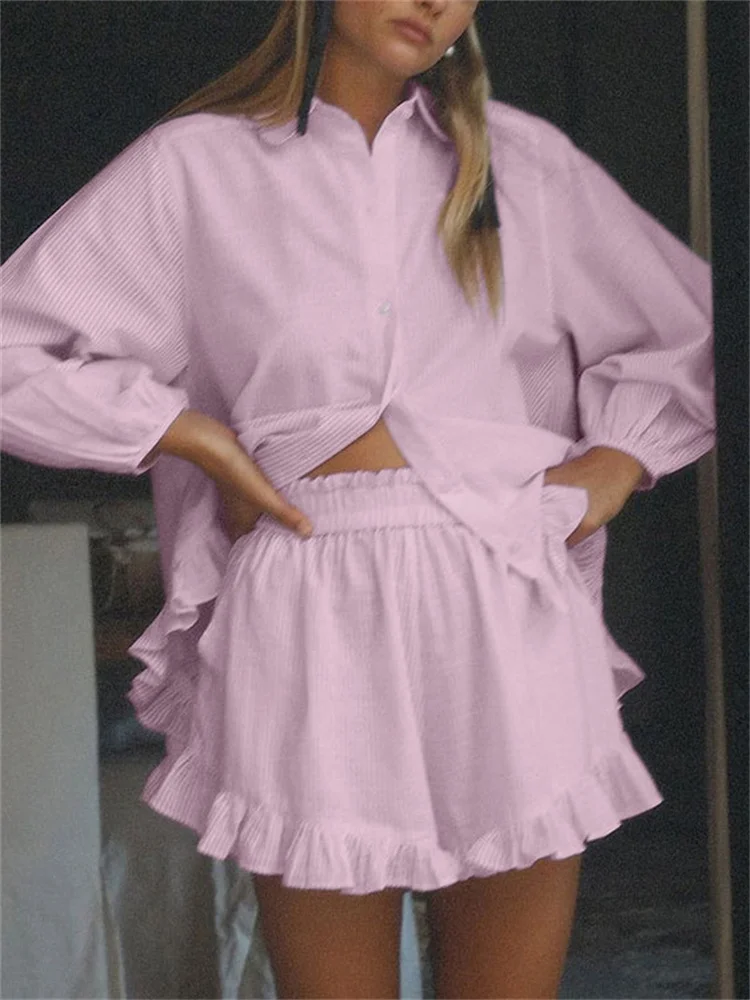 

Ruffled Loose 2 Piece-Set Women's Shorts Lapel Long Sleeve Fashion Shirts Cardigan And High Waist Shorts Outfits Summer