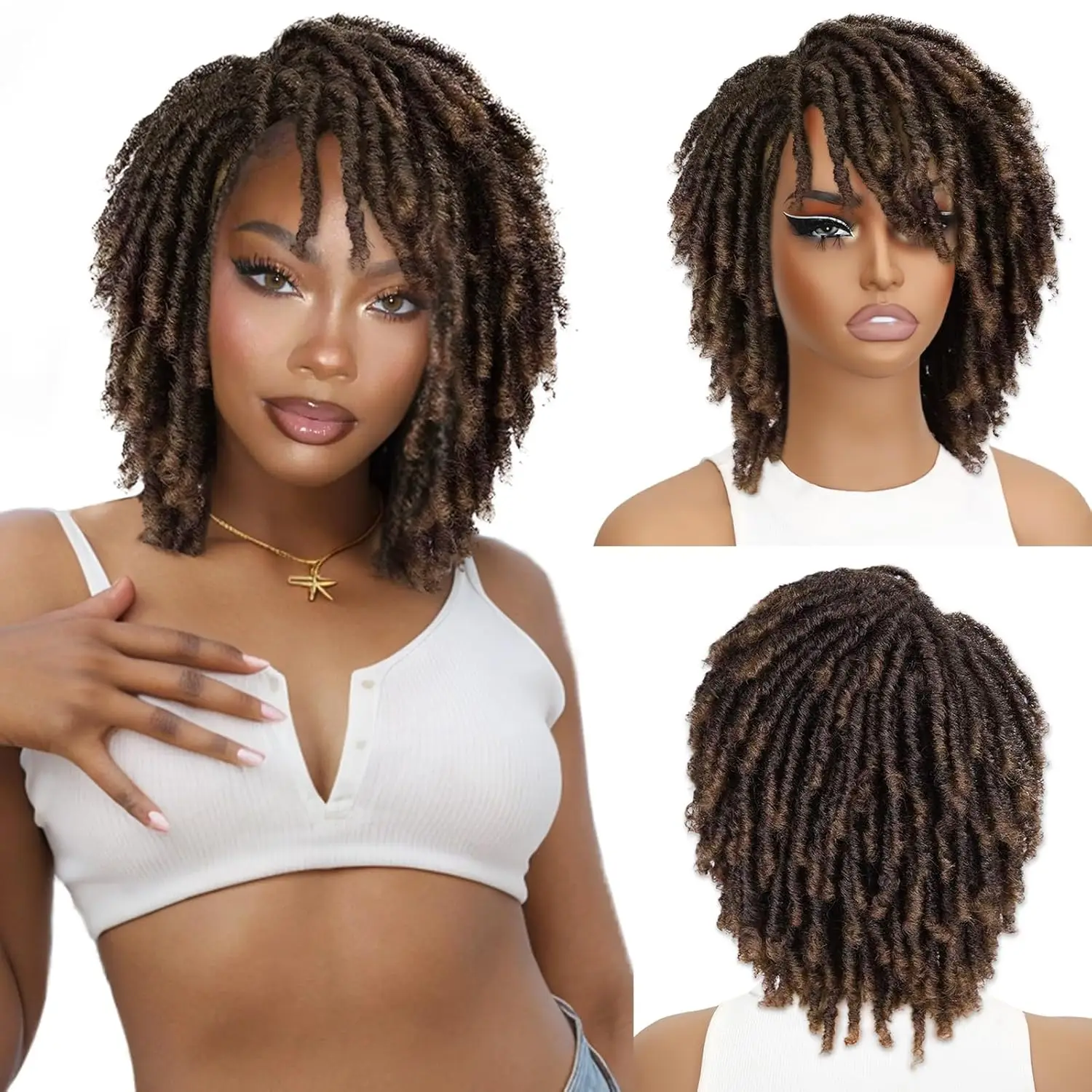 

Ombre Brown Dreadlock Wig Short Twist Wigs for Black Women Afro Curly Glueless Synthetic Faux Locs Braided Crochet Wigs 1B/27