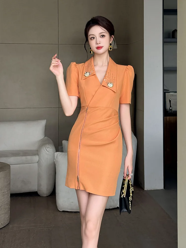 Summer New Style Women's Commuting Temperament Heavy-Duty Diamond-Encrusted Lapel Design Tight Hip-Hugging Dress