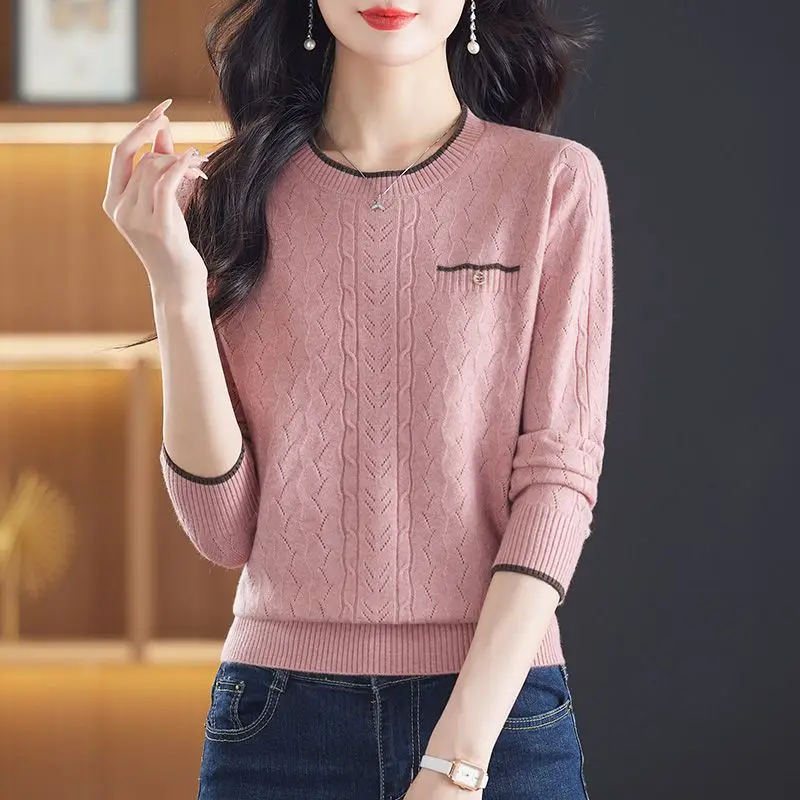 

Women's Clothing Spring Autumn Crew Neck Solid Color Pullover Long Sleeve Hook Flower Hollow Sweater Knitted Casual Elegant Tops