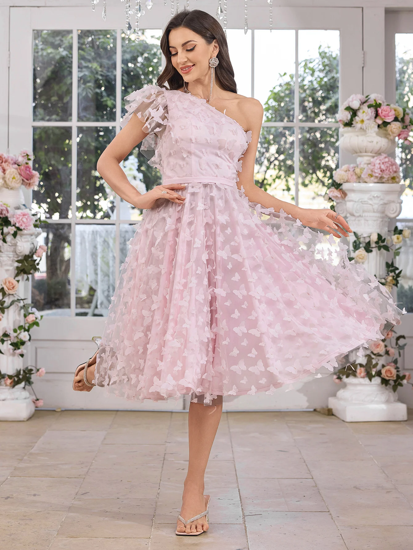 Sukienka druhna dla dziewczynek UNITHORSE z nieregularnymi rękawami, podkreślona w talii, z ozdobnym motylem, siateczkowa suknia wieczorowa na przyjęcie.