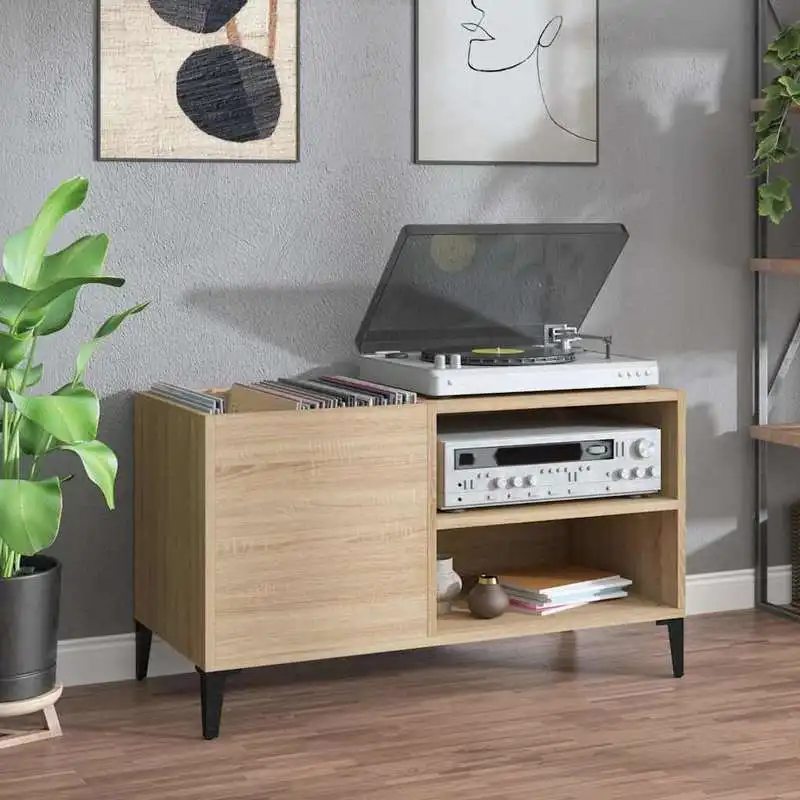 Meuble de rangement pour disques vinyles, bois d'ingénierie en chêne Sonoma, style industriel avec pieds en métal, étagère de présentation multifonctionnelle pour salon et bureau, 84,5x38x48 cm