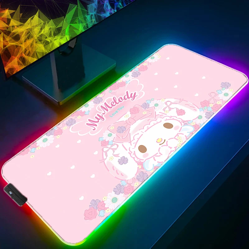 Imagem -03 - Kawaii Led Anime Mouse Pad Tapete de Teclado Portátil Rgb pc Sanrio Gamer Cabinet Estendido Tapete de Mesa Rosa Minha Melodia Kuromi Bonito