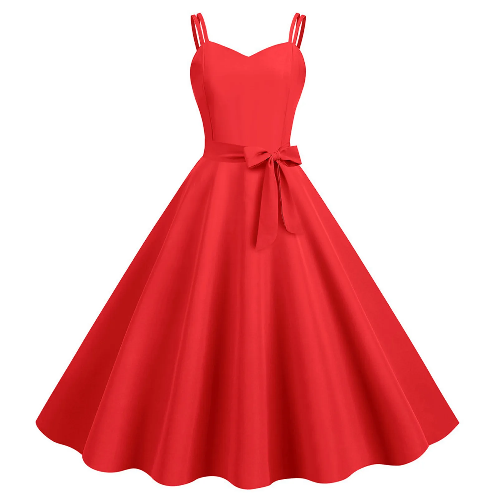 Vestido Midi com cinta de espaguete formal feminino, robe feminino, convidada do casamento, linha A, bainha grande, monocromático, nó de laço, zíper traseiro, vestido elegante