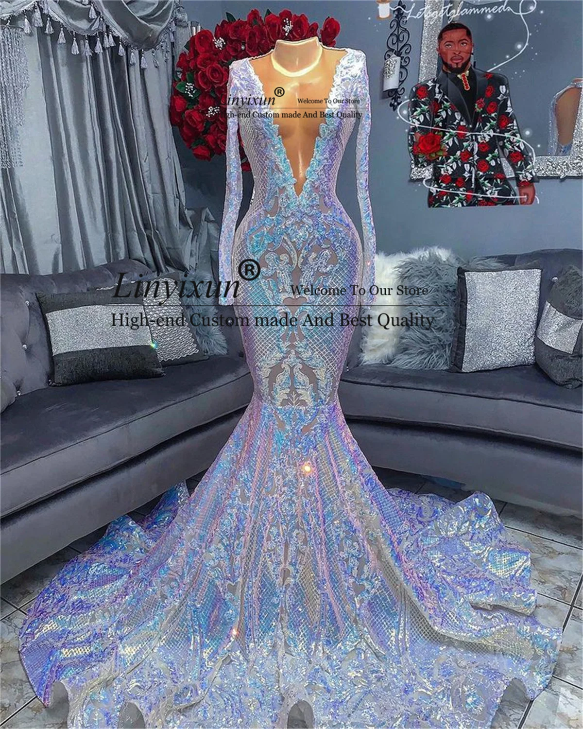 Vestido de fiesta de sirena brillante para niñas negras, vestido de noche de manga larga con lentejuelas brillantes y Espalda descubierta, trajes de fiesta de Aso Ebi, 2022