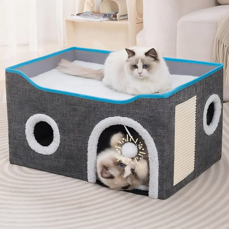 

Houses for Indoor Cats Large Cat Bed Cave with Scratch Pad and Fluffy Ball, Foldable Cat Condo Hideaway with Reversible Cushion