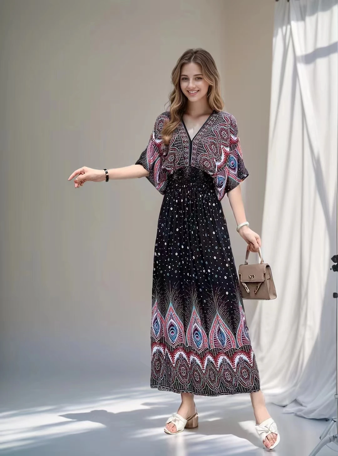 IBTOM CASTLE Robe d'été bohème Rompers à épaules dénudées pour femme - Combinaison vintage - Taille haute - Volant - Mini robe élégante - Robe de fête de mariage, Abricot, XL