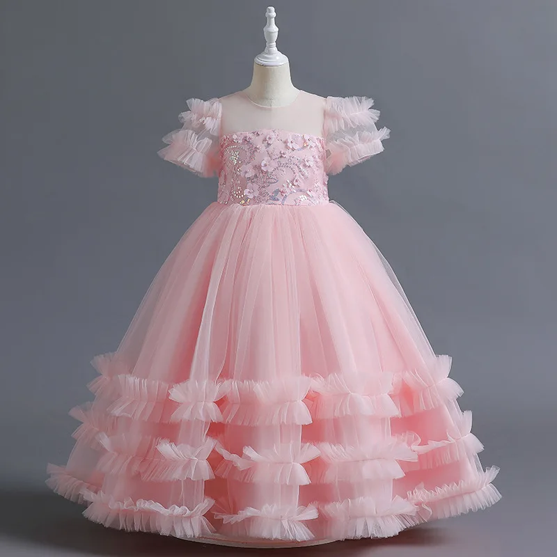 5-14 Years Flower Beading Long Tulle Princess Girls Party Dress Elegant Tutu Child Wedding Clothes vestido infantil