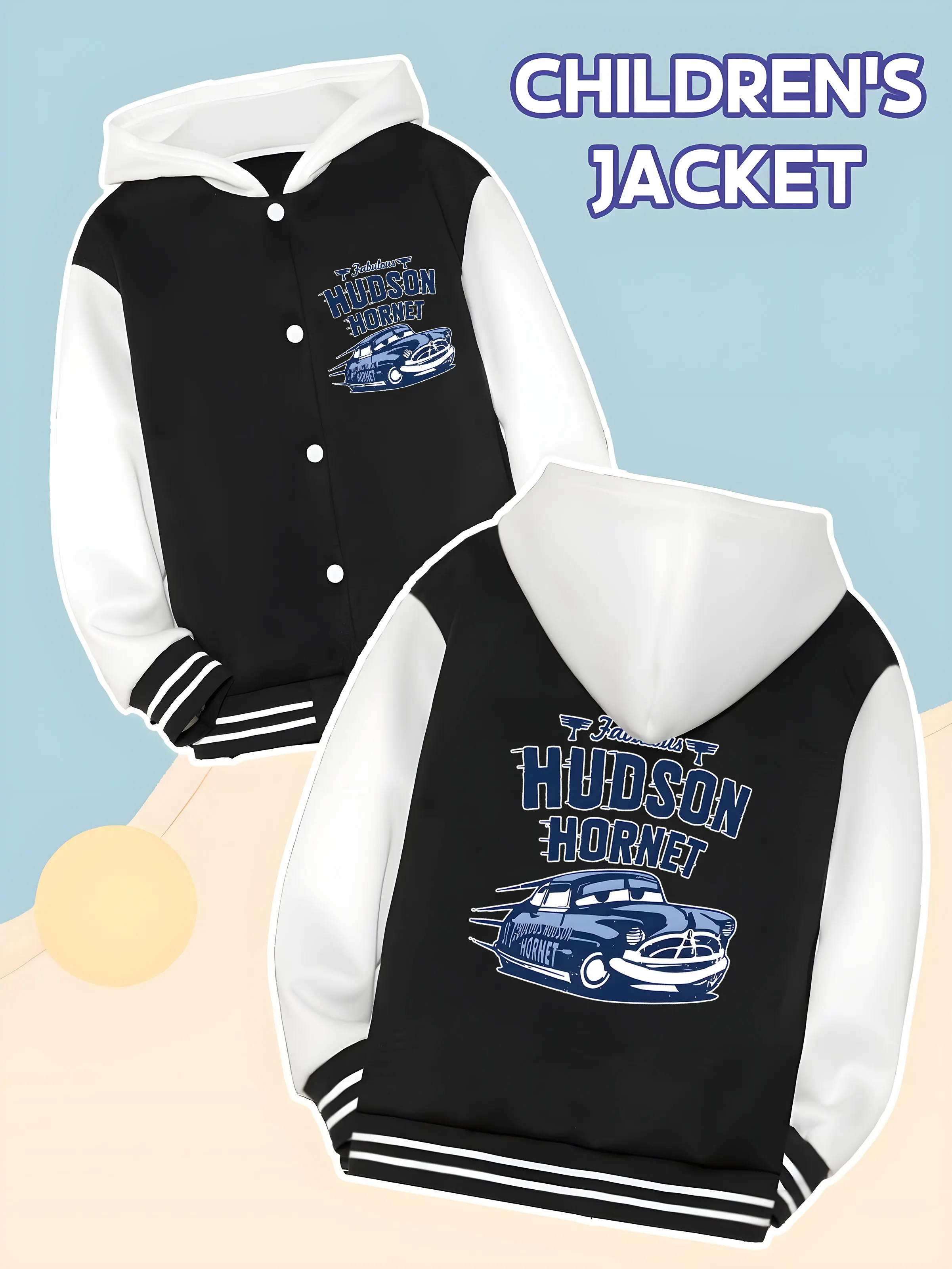 

MINISO Disney Racing: Hudson Hornets Kids' Baseball Jacket - Hudson Hornets Racing Print, Daily Casual Wear, Fashionable
