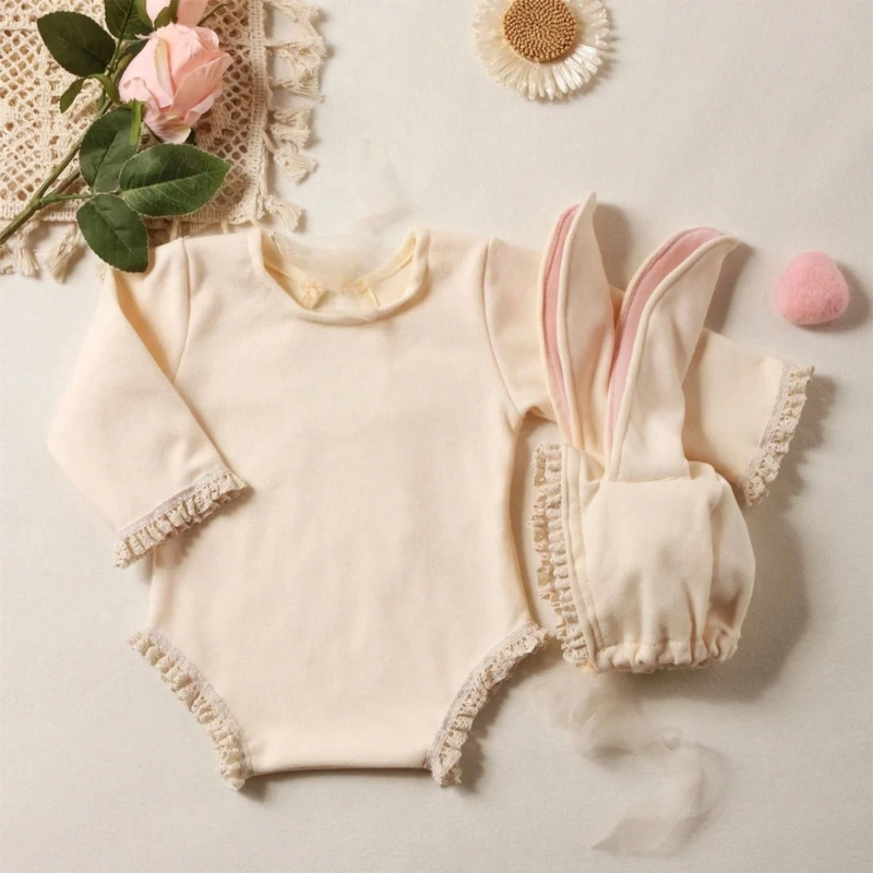 Newborn Photo Costume Soft Polyester Rabbit Hat & Jumpsuit set K1KC