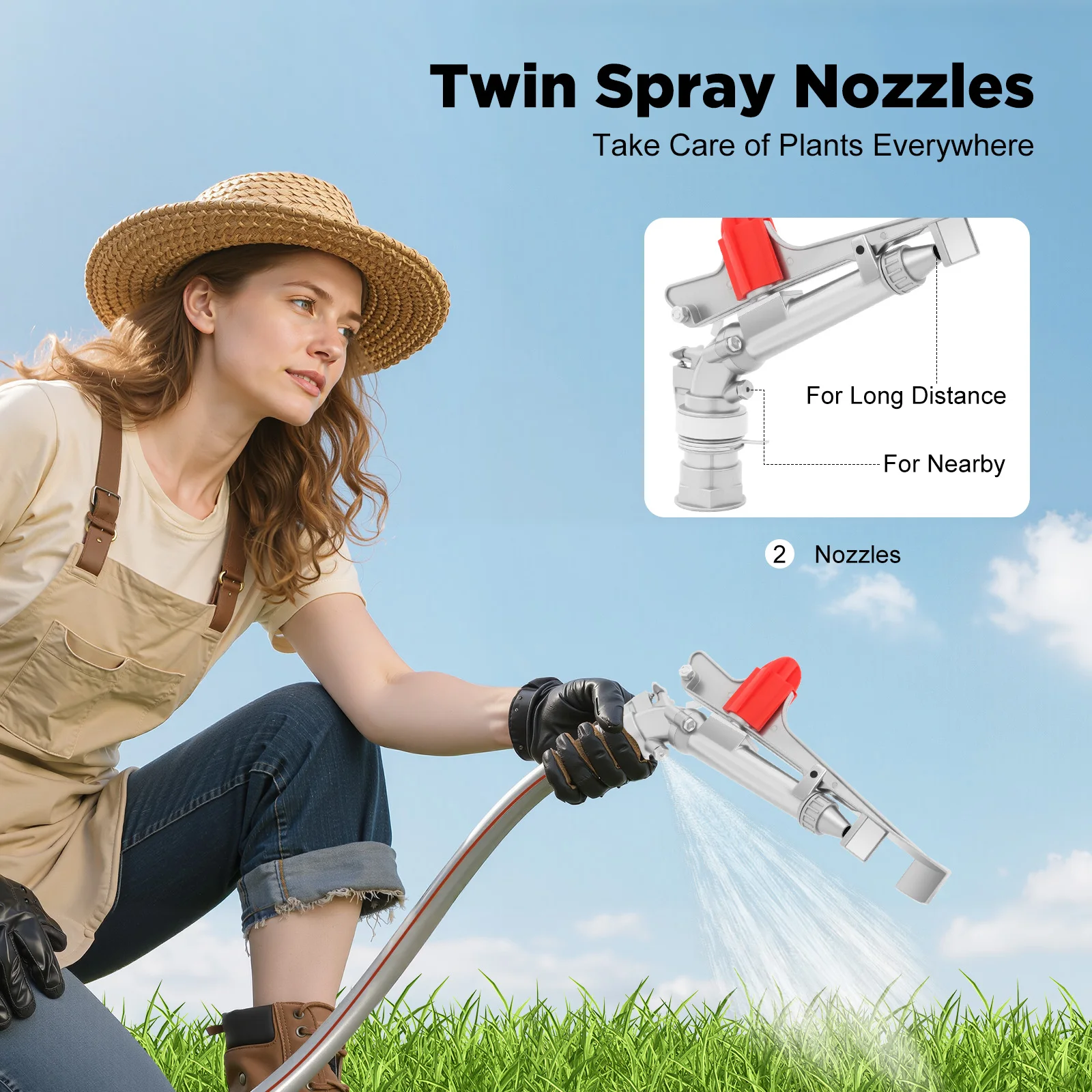 Adjustable Irrigation Sprinkler 360° Rotation Large Area Coverage 65-80m Dual Nozzles Zinc Alloy for Garden Farm Lawn