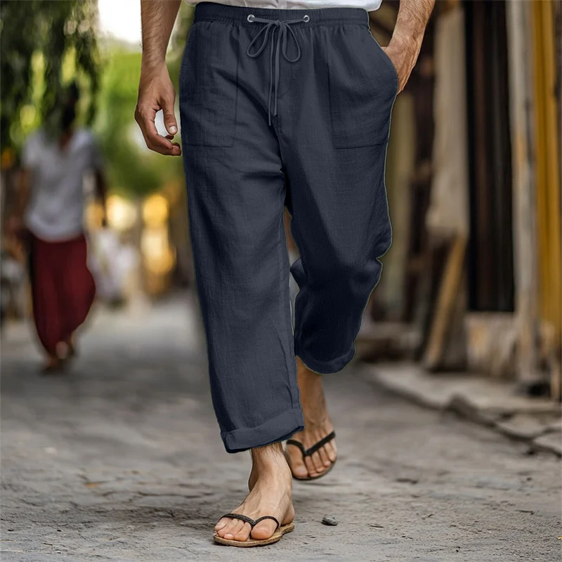 spring summer Men's Elastic waist drawstring Pocket Casual Linen Beach Pants Mens Breathable Trousers Loose straight-leg pants