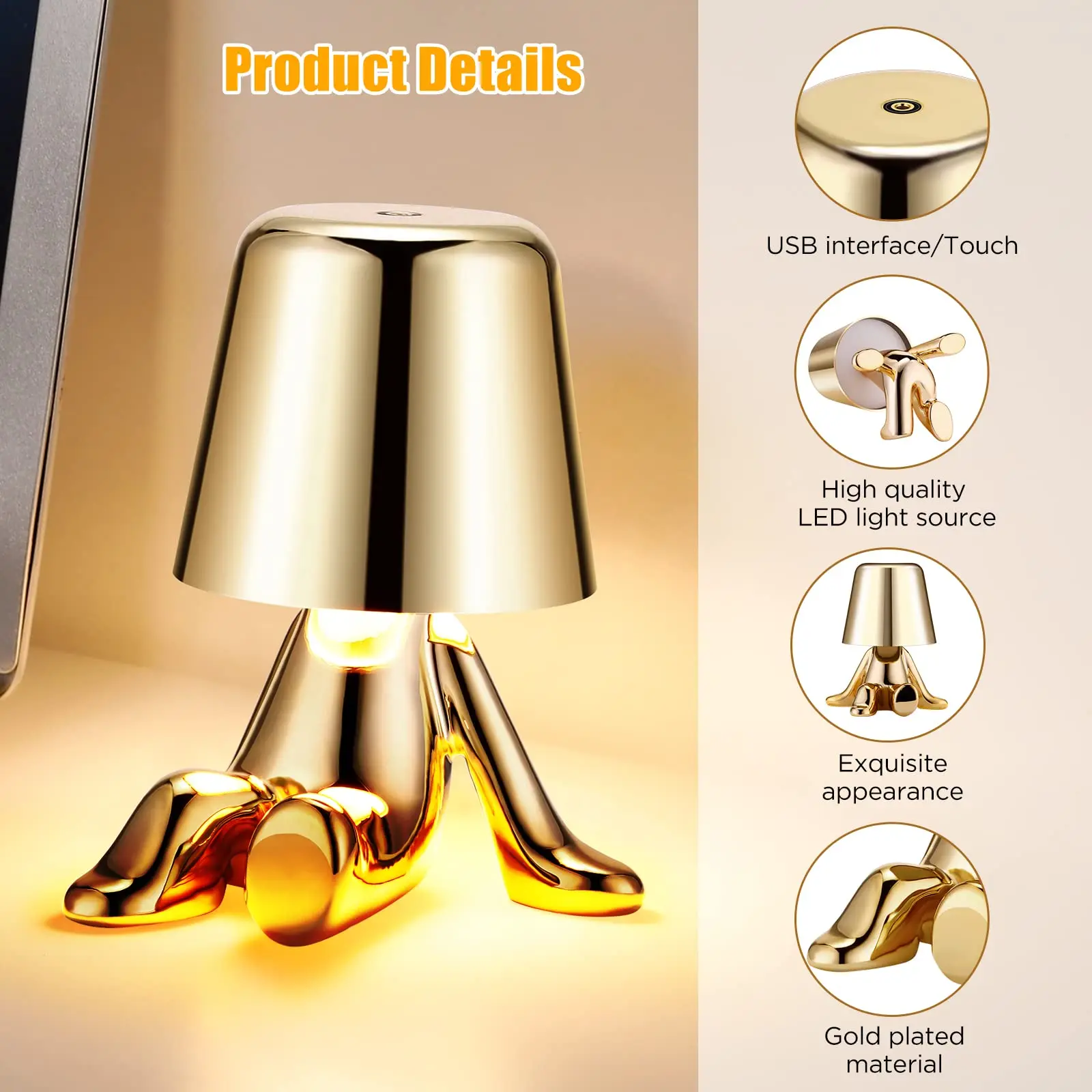 Little Golden Man Table Lamp Bedroom Touch Bedside Atmosphere Night lighting Decoration Desk Light Ornament Bar Home Restaurant