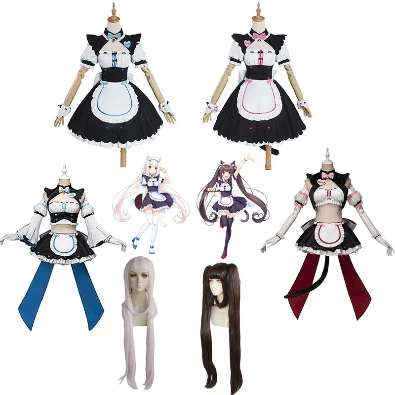 NEKOPARA Chocolate Vanilla Cosplay Costume Cafe Maid Christmas Uniform Halloween Carnival Lolita Dress Long Wig Outfits F