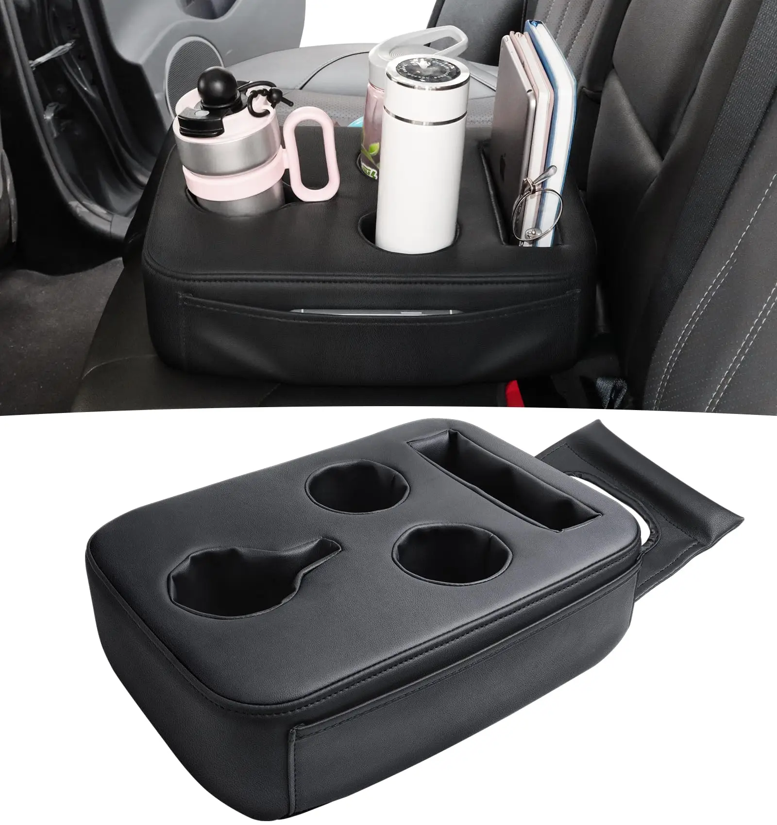 

Black PU Leather Backseat Organizer With 4 Cup Slots And Storage Compartment For Cars, Trucks, SUVs, RVs