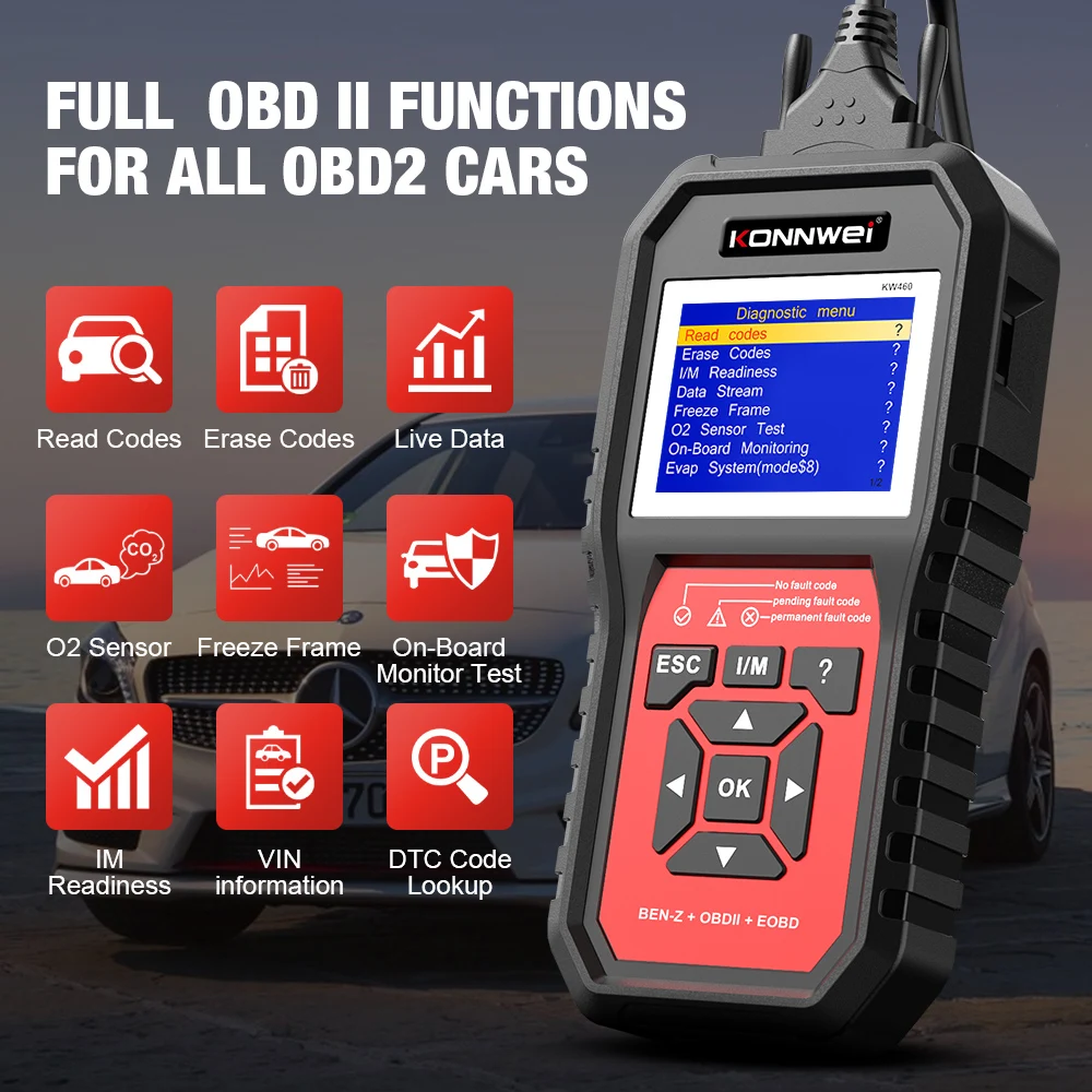 KW460 for Mercedes Benz Professional OBD2 Scanner Belt 11 Special Features OBDII Full Systems Diagnostic Diagnostic Instrument