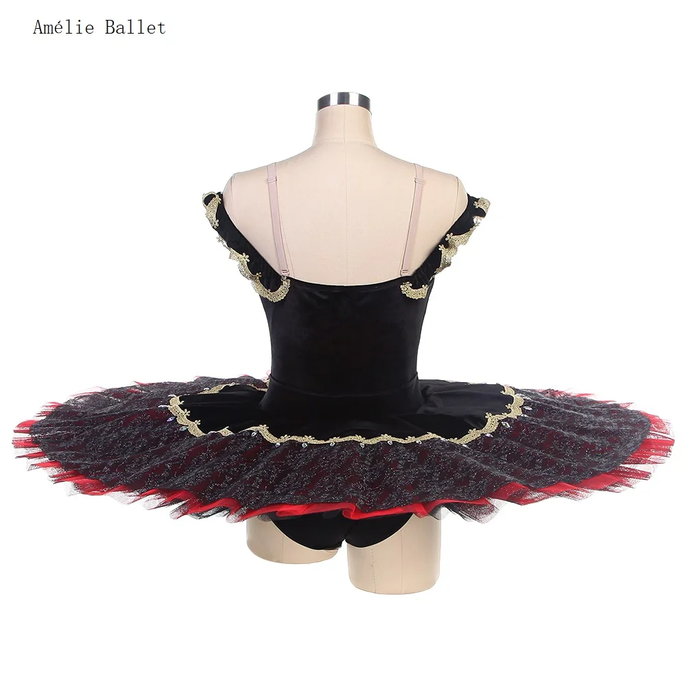 Bll551 corpete de veludo preto com ombro de fora, tutu de balé pré-profissional com acabamento dourado, tutu de balé perforamcne, tule vermelho/verde