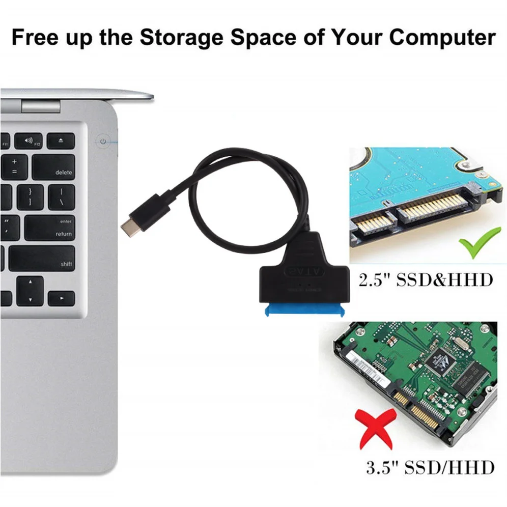 Adaptador SATA a USB C USB 3,1, Cable tipo C a SATA, transmisión de datos de alta velocidad de 6Gbps para disco duro HDD de 2,5 pulgadas, adaptador SATA