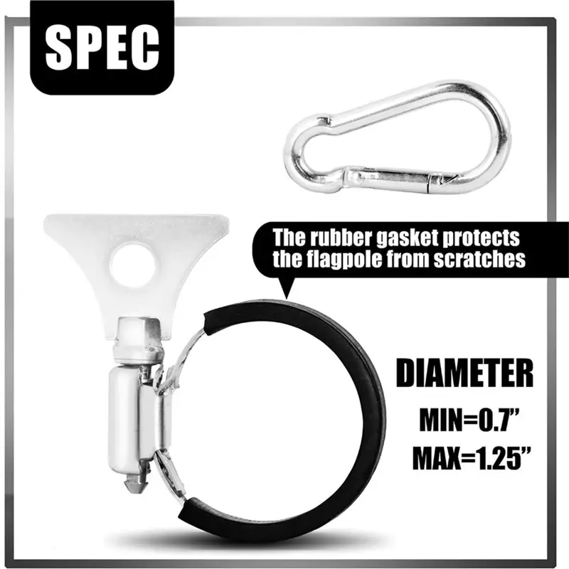 USER FRIENDLY-Flagpole Clamp And Clip Kit 4-Pack To Secure Flag With Carabiner And Silicone Anti-Slip Strips, Metal Hose Clamps