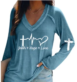 

Cartoon Cross and Love Print Female Sweatshirt Gaith Hope Love Slogan Women Sweater New Fashion Hot Sale Easter Casual Girl Tee