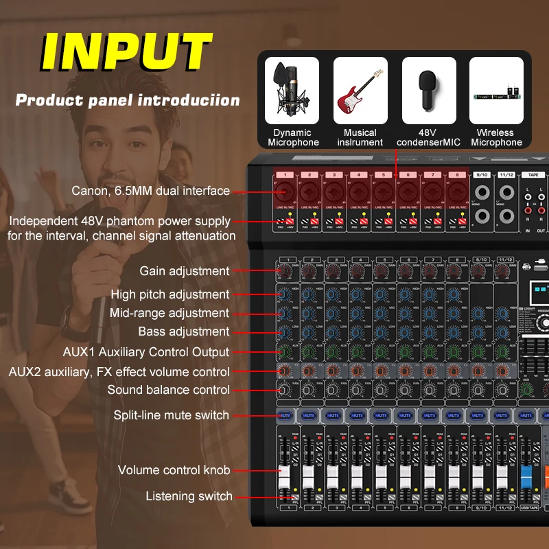 NXG AMS-12 dual-frequency professional 12-channel mixer, equipped with 99 DSP effects, dual 7-band equalizers, and independent Bluetooth function, suitable for USB interface recording in studios/for DJs