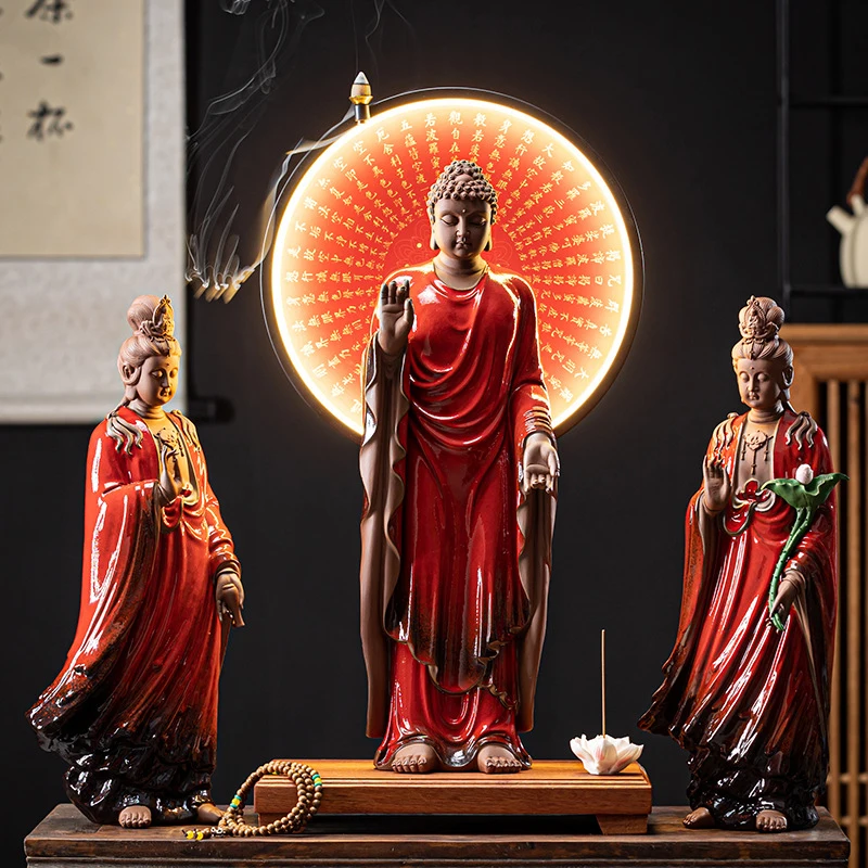 Western Three Saints Ceramic Buddha Figurines: Amitabha, Guanyin, Mahasthamaprapta Bodhisattva - New Chinese Style Zen-Inspired