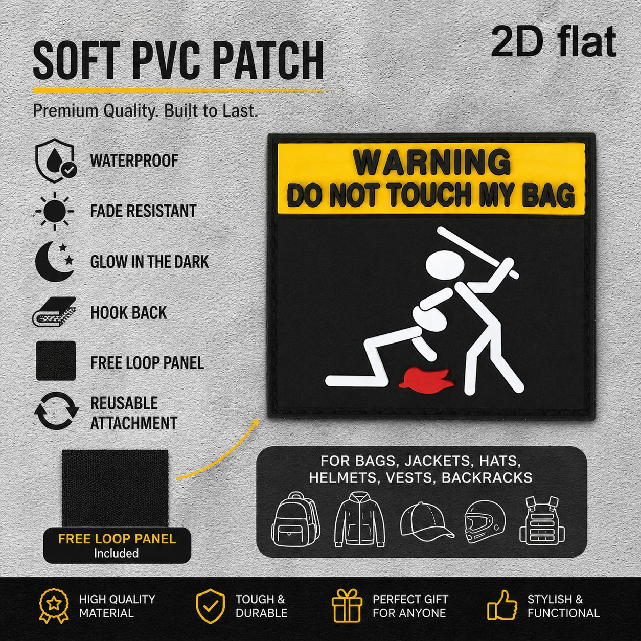Contrasting Color Square Outline with Fun Stickman Pattern and English Slogan, 2D Flat Pvc Material Decorative Patch, Comes with a Felt Backing, Detailed Pattern, Flexible Material, Does Not Damage Fabric, Motorcycle Jacket Arm Decoration Accessory