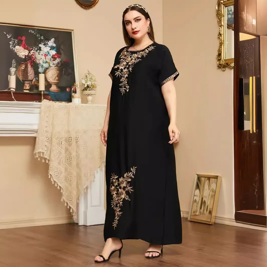 Novo verão miçangas bordado abaya para vestido muçulmano feminino marroquino kaftan roupas islâmicas manga curta solta robe islâmico árabe