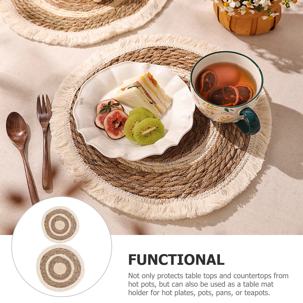 

2pcs Woven Placemat Round Natural Grass Cotton Rope Heat Resistant Table Mat For Dining Desk Cup Bowl Insulated Coaster