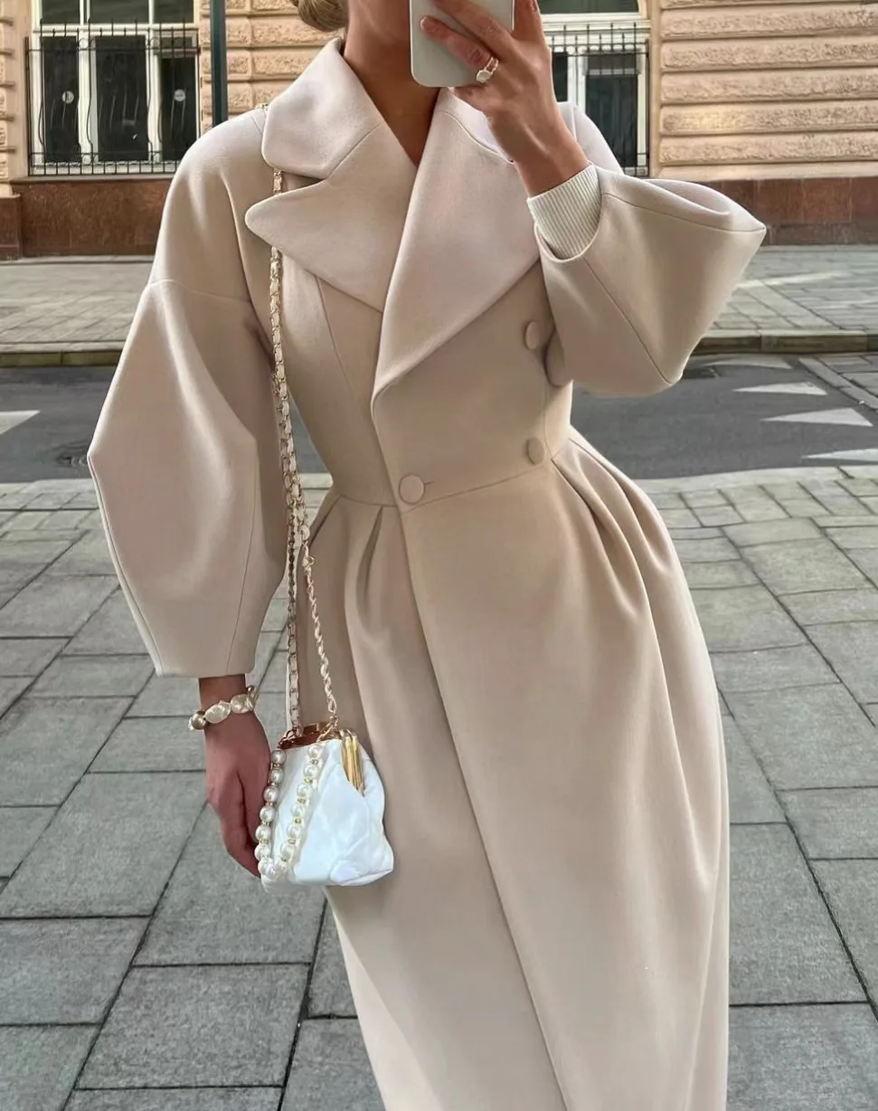 Elegant Solid Woolen Blend Overcoat Women Fashion Thick Lapel Double-Breasted Long Sleeve Jacket 2025 Spring Autumn Lady Outwear